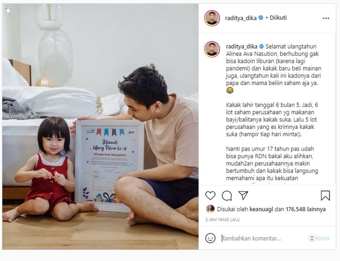 Bukan kaleng-kaleng, Raditya Dika beri kado saham untuk Alinea yang berulang tahun yang kedua.