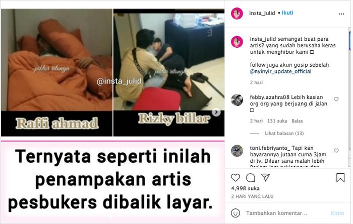 Perbedaan alas tidur Raffi Ahmad dan Rizky Billar di belakang panggung (Tangkap layar Instagram/@insta_julid)