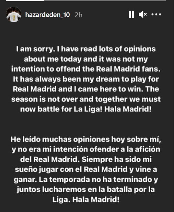 Permintaan maaf Eden Hazard di Instagram Story.