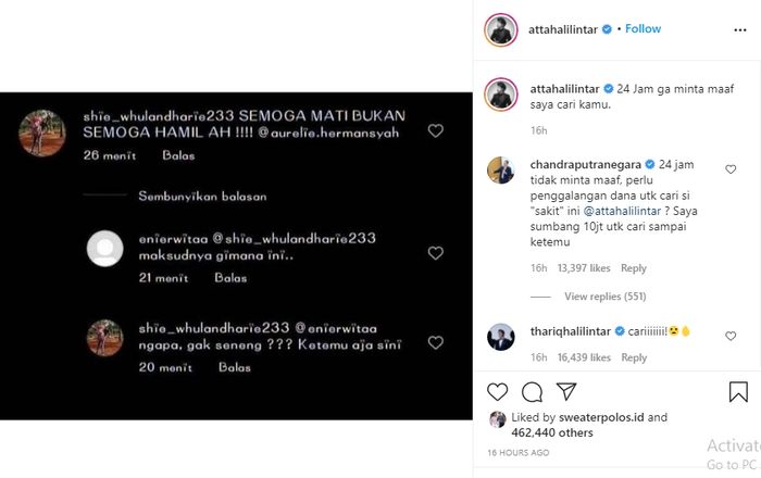 Unggahan <a href='https://manado.tribunnews.com/tag/atta-halilintar' title='Atta Halilintar'>Atta Halilintar</a> menampilkan komentar kebencian yang ditujukan untuk <a href='https://manado.tribunnews.com/tag/aurel-hermansyah' title='Aurel Hermansyah'>Aurel Hermansyah</a>.