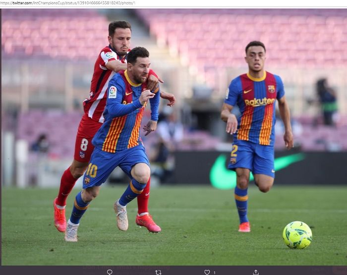 Aksi megabintang Barcelona, Lionel Messi, saat menghadapi Atletico Madrid pada Sabtu (8/5/2021).