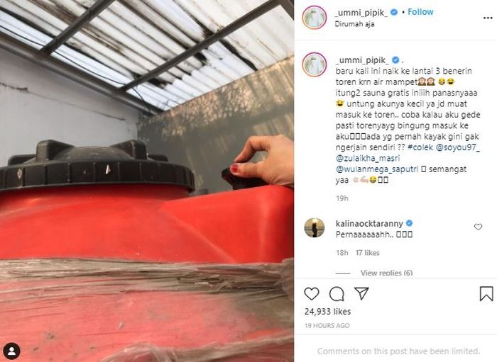 Umi Pipik rela manjat genteng demi memperbaiki toren air