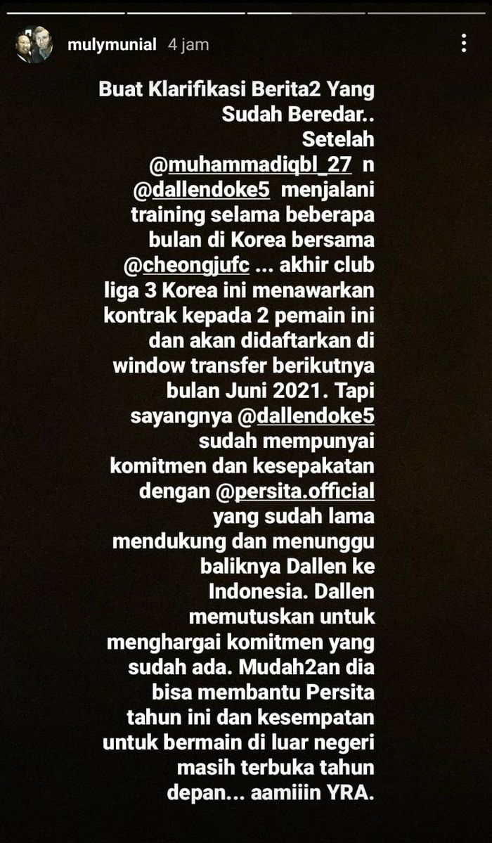 Super agen pemain Indonesia, Muly Munial, mengungkapkan alasan Dallen Doke merelakan tawaran klub luar negeri demi Persita.