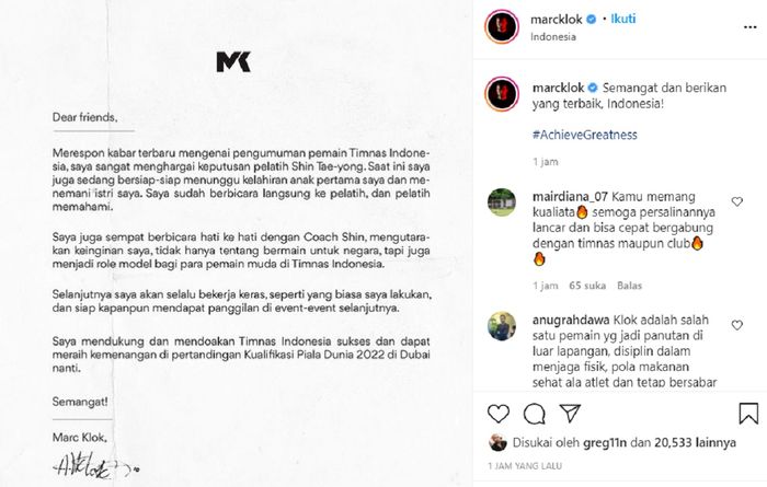 Marc Klok menulis ungkapan hatinya melalui akun Instagram pribadi seusai dicoret Pelatih Timnas Indonesia Shin Tae-yong.