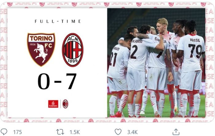 AC Milan mengalahkan Torino 7-0 dalam laga pekan ke-36 Liga Italia, Rabu (12/5/2021) di Stadion Olimpiade Turin.