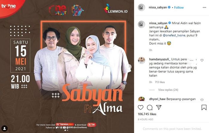 Nissa dan Ayus Sabyan bakal tampil lagi di onefest TV One pada Sabtu (15/5/2021). 