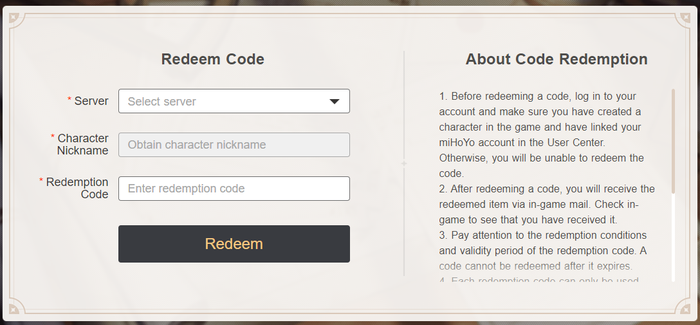 The redeem code page at Genshin Impact