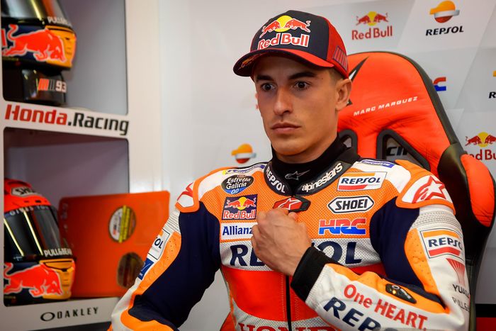 Pembalap Repsol Honda, Marc Marquez, pada seri balap MotoGP di Sirkuit Le Mans.