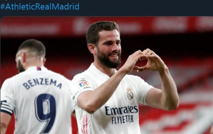 Nacho merayakan golnya untuk Real Madrid ke gawang Athletic Bilbao di Liga Spanyol, 16 Mei 2021.