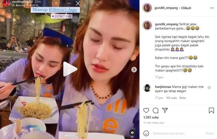 Ayu Ting Ting makan spaghetti dengan sumpit