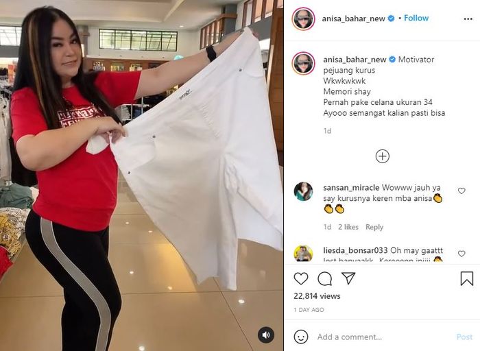 Ukuran celana <a href='https://tribunmedan.cfd/tag/anisa-bahar' title='Anisa&nbsp;Bahar'>Anisa&nbsp;Bahar</a> saat dirinya gemuk.