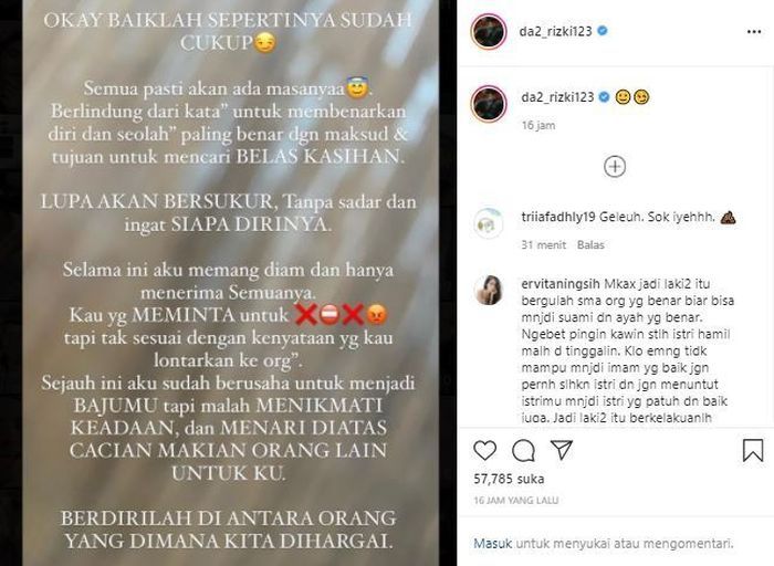 Rizki DA pun tampak melemparkan sindiran melalui postingan di Instagram pribadinya