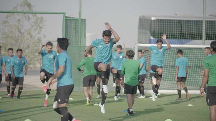 Asnawi Mangkualam Bahar saat menjalani latihan bersama dengan timnas Indonesia di Dubai, Uni Emirat Arab (UEA), Rabu (19/5/2021).