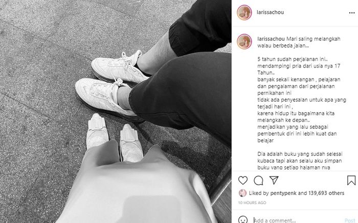Unggahan curhatan Larissa Chou Usai menggugat cerai Alvin Faiz