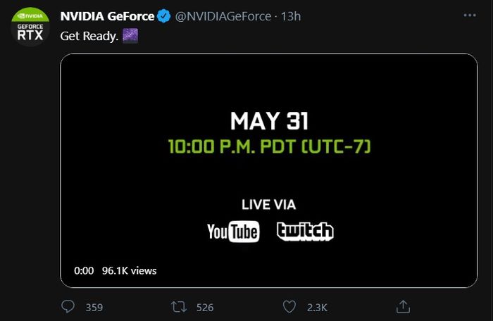 Teaser anunciando la nueva GPU de Nvidia en su cuenta oficial de Twitter