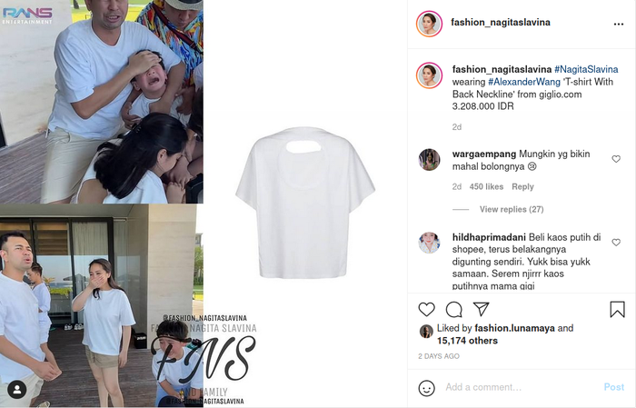 Dibanderol dengan harga Rp 3 jutaan dengan motif bolong di bagian belakangnya, kaus putih milik Nagita Slavina ini sukses curi perhatian.