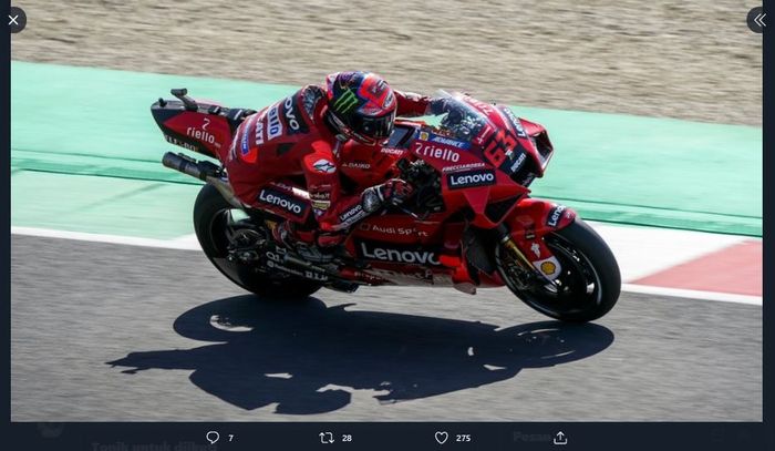 Pembalap Ducati Lenovo, Francesco Bagnaia, saat berlaga pada MotoGP Italia 2021 di Sirkuit Mugello, Sabtu (29/5/2021).