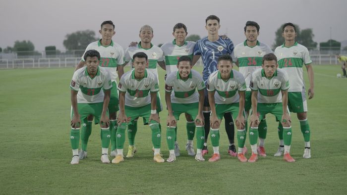 Skuad timnas Indonesia vs Oman, di Stadion The Seven's, Dubai, Uni Emirate Arab, pada Sabtu (29/5/2021).