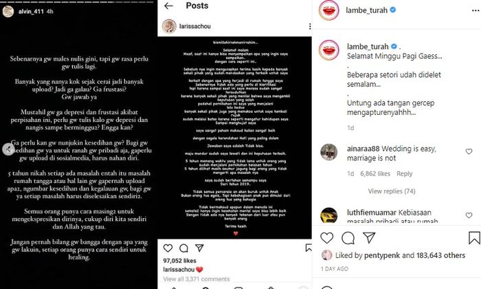 Unggahan akun @lambe_turah tentang Instagram Stories Alvin Faiz.