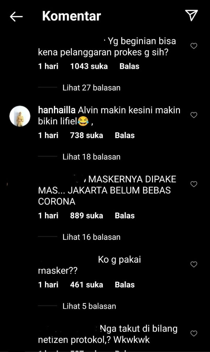 Komentar warganet melihat unggahan video Alvin Faiz tidak memakai masker