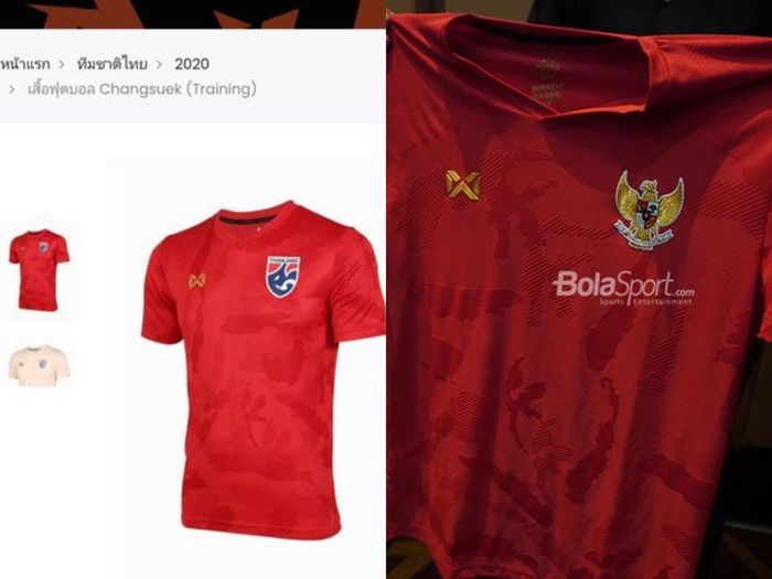 Perbandingan seragam latihan Thailand dengan jersey Timnas Indonesia yang diproduksi Warrix.