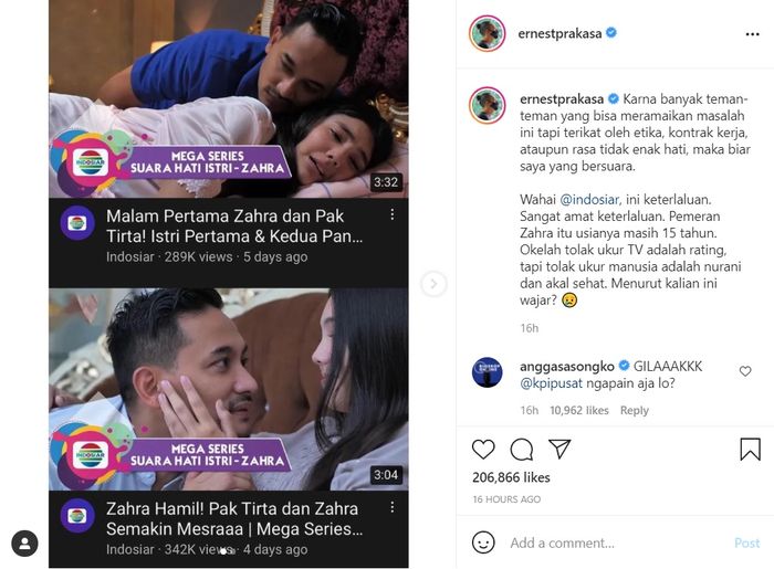 Unggahan Ernest Prakasa soal pemeran sinetron di bawah umur.