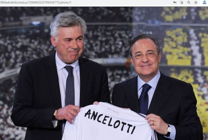 Carlo Ancelotti berpose dengan Presiden Real Madrid, Florentino Perez.