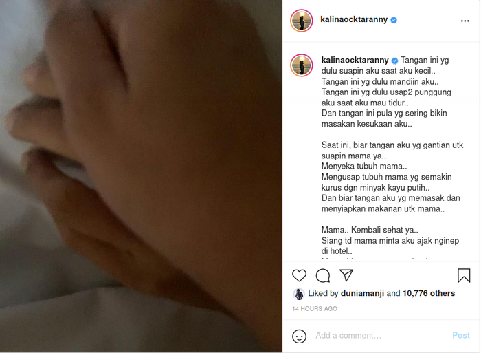 Pajang foto genggam erat tangan ibunya, Kalina Ocktaranny tuliskan pesan menentuh untuk sang ibu yang sedang <a href='https://tribunmedan.cfd/tag/sakit' title='sakit'>sakit</a>.