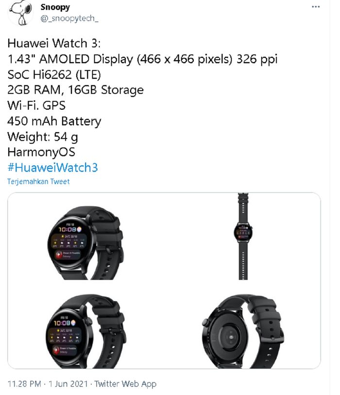 Bocoran Desain dan Spesifikasi Huawei Watch 3, Pakai HarmonyOS