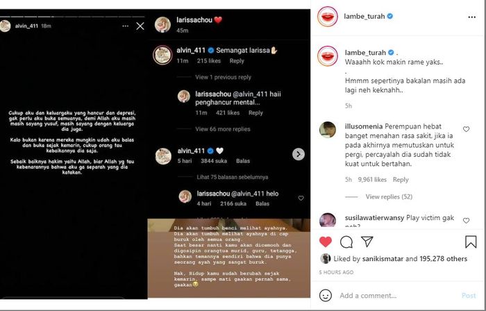 Larissa dan Alvin Faiz terlihat saling membalas komentar
