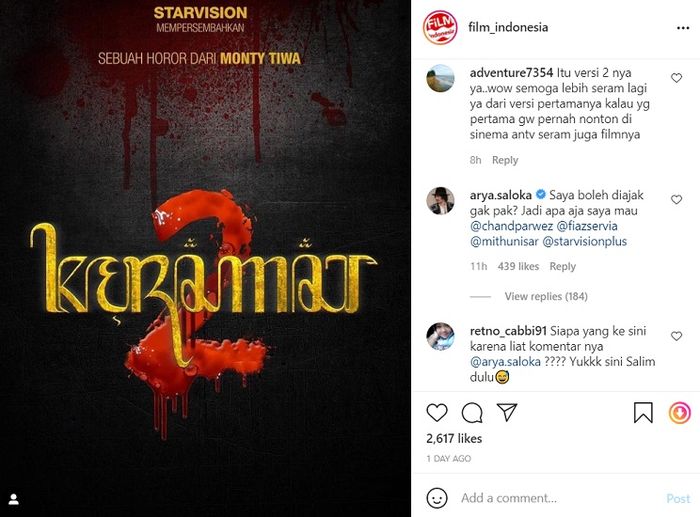 Postingan komentar Arya Saloka