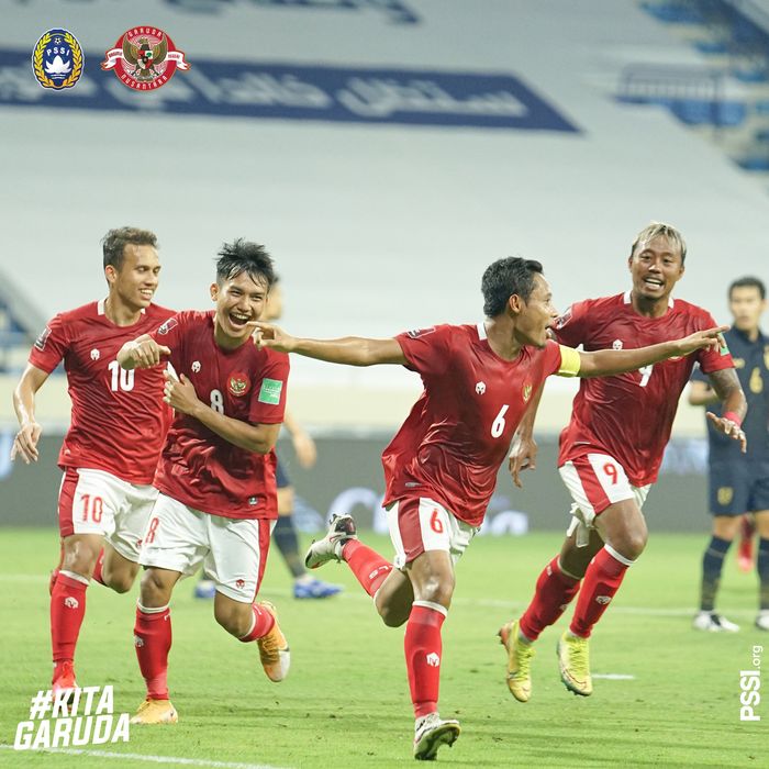 Selebrasi Evan Dimas usai cetak gol ke gawang Thailand dalam laga Kualifikasi Piala Dunia 2022 zona Asia grup G, di  Stadion Al-Maktoum, Dubai, Uni Emirat Arab (UEA), Kamis (3/6/2021).