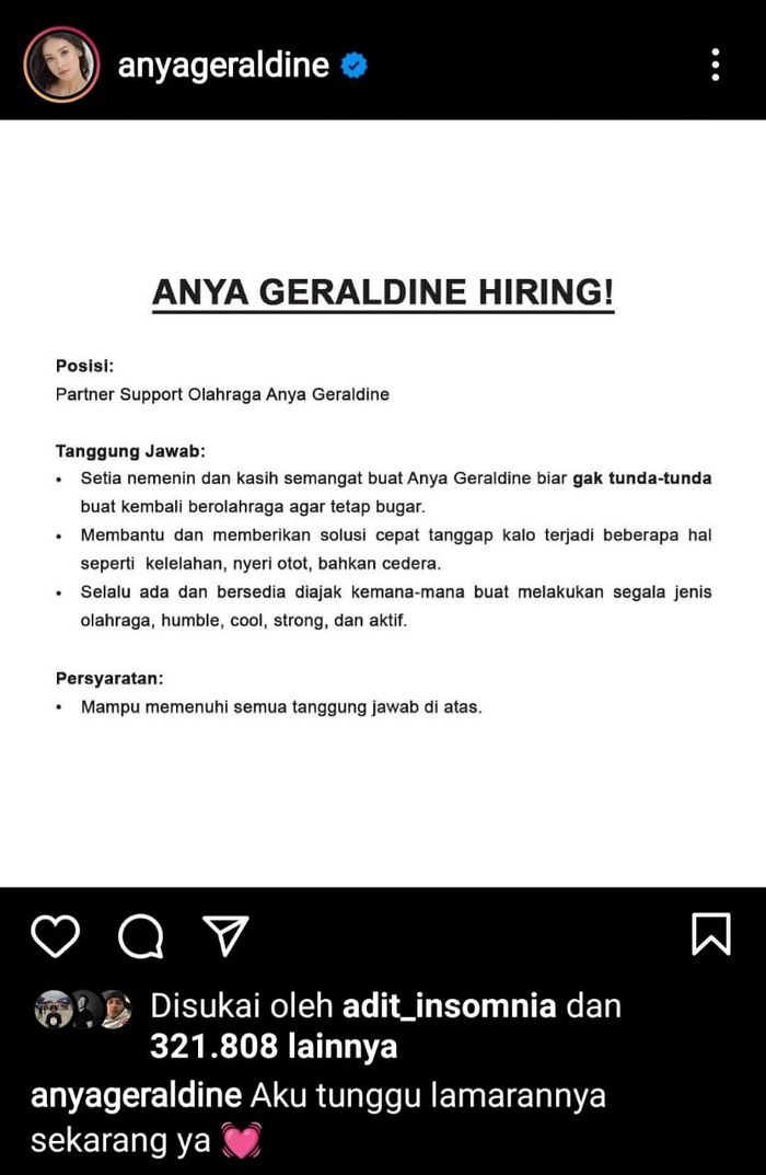 Anya Geraldine mencari partner untuk olahraga