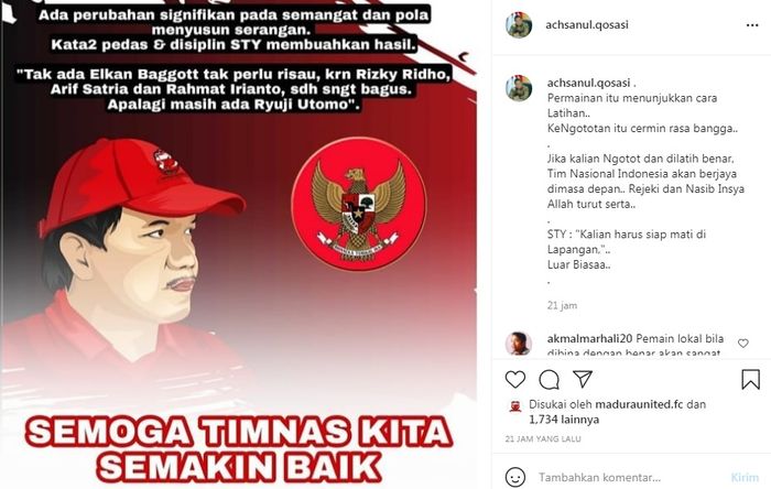 Presiden Madura United, Achsanul Qosasi memberikan tanggapan terkait absennya Elkan Baggott di timnas Indonesia melalui akun instagram pribadinya pada Jumat (4/5/2021).