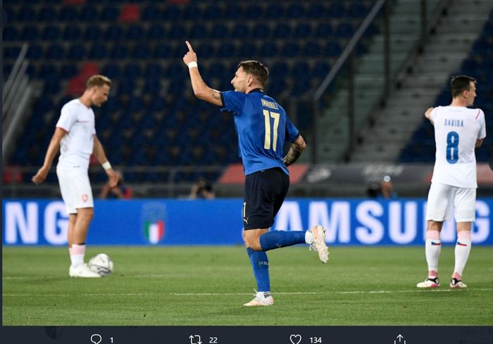 Ciro Immobile, merayakan gol dalam laga uji coba EURO 2020 antara Italia vs Republik Ceska, Jumat (4/6/2021) di Bologna.