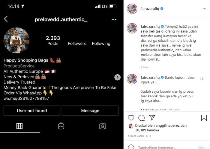 Fairuz A Rafiq membagikan tangkapan layar sebuah akun di <a href='https://jambi.tribunnews.com/tag/instagram' title='Instagram'>Instagram</a> bernama prelovedd.authentic_.