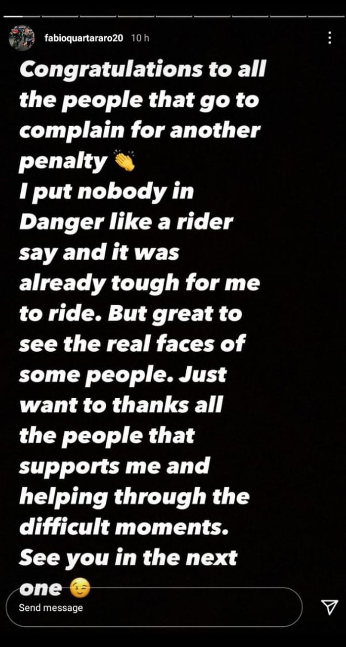 Unggahan Instagram Story Fabio Quartararo setelah balapan MotoGP Catalunya pada Minggu (6/6/2021).