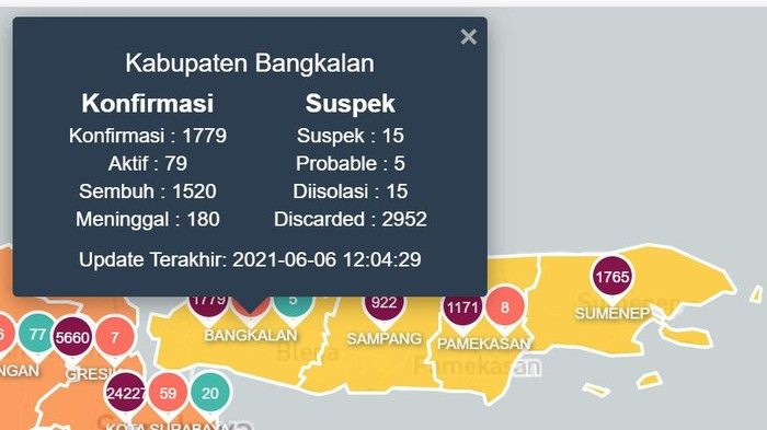 Bangkalan Madura memerah karena melonjaknya kasus Covid-19 usai libur lebaran,