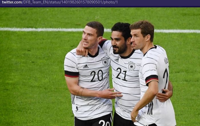 Robin Gosens, Ilkay Guendogan, dan Thomas Mueller, mencetak gol untuk timnas Jerman ke gawang timnas Latvia dalam laga uji coba di Stadion Merkur-Spiel-Arena, Senin (7/6/2021).