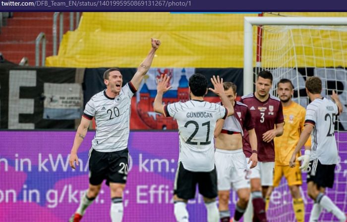 Robin Gosens mencetak gol untuk timnas Jerman melawan timnas Latvia dalam laga uji coba di Stadion Merkur-Spiel-Arena, Senin (7/6/2021) waktu setempat atau Selasa pukul 01.45 WIB. 