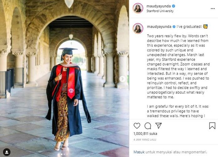 Aktris muda Maudy Ayunda memberikan kabar bahagia tentang kelulusannya dari Stanford University, Amerika Serikat.