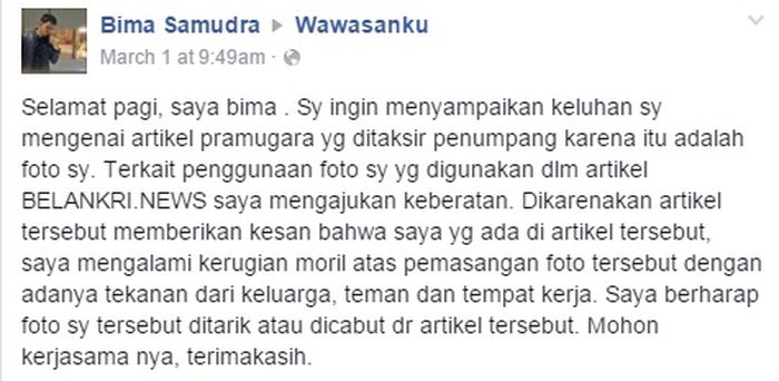 Klarifikasi Bima Samudra