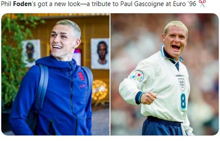 Gaya rambut baru bintang Timnas Inggris, Phil Foden, yang mirip dengan legenda Inggris, Paul Gascoigne.