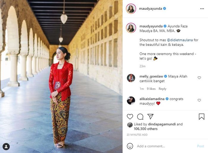 Maudy Ayunda Unggah Foto Kenakan Kebaya di Momen Wisudanya