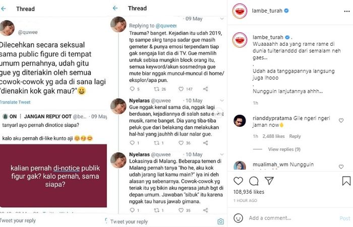 Unggahan akun @lambe_turah tentang pengakuan seorang netizen yang pernah dilecehkan oleh Gofar Hilman.