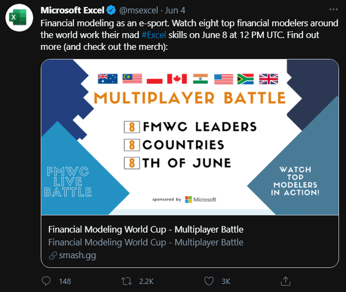 Microsoft Excel tweets about organizing financial model-based esports tournaments