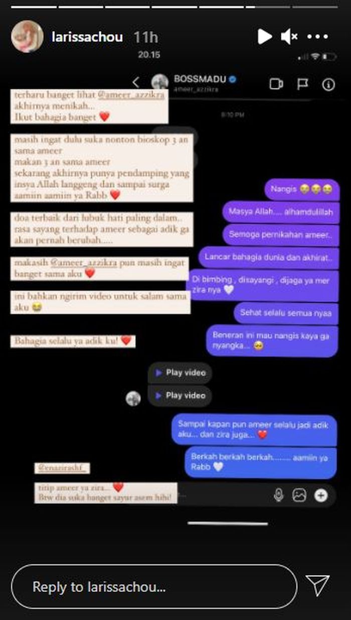 Larissa Chou beri pesan untuk Ameer Azzikra yang baru saja menikah.