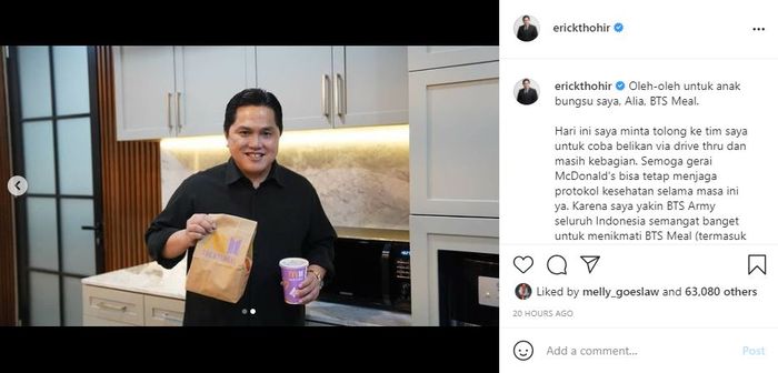 Postingan Erick Thohir Beli BTS Meal untuk Putrinya