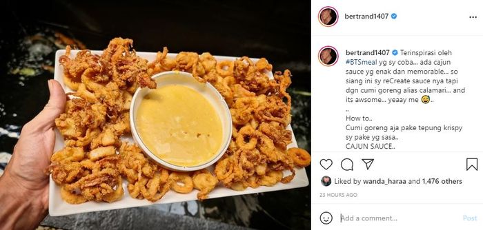 Unggahan Bertrand Antolin menyontek saus cajun dari BTS Meal untuk jadi pendamping cemilannya.