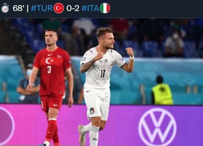 Ciro Immobile merayakan gol timnas Italia ke gawang Turki di laga pembuka Euro 2020, 11 Juni 2021.